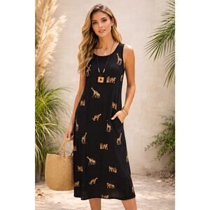 Vintage African Dress Giraffe Tiger Safari Black Sleeveless Midi Size M